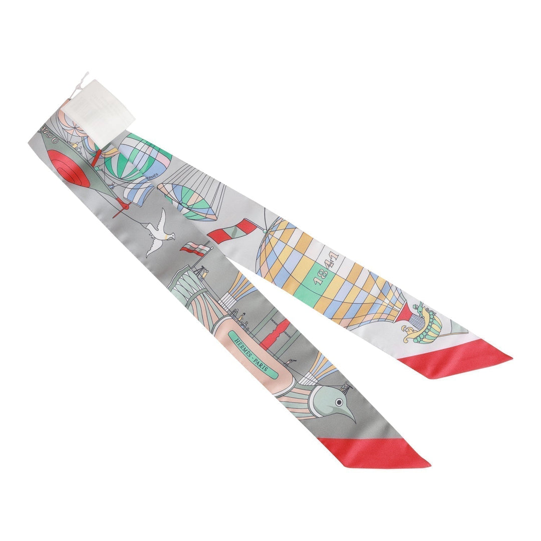 Top quality Hermes "Les Folies du Ciel" Gris Perle Silk Twilly Pair