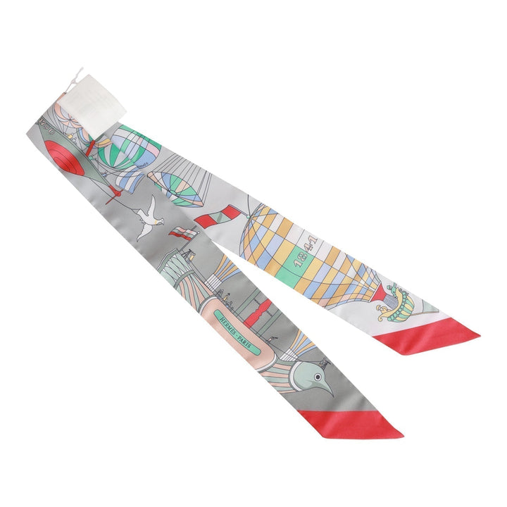 Top quality Hermes "Les Folies du Ciel" Gris Perle Silk Twilly Pair