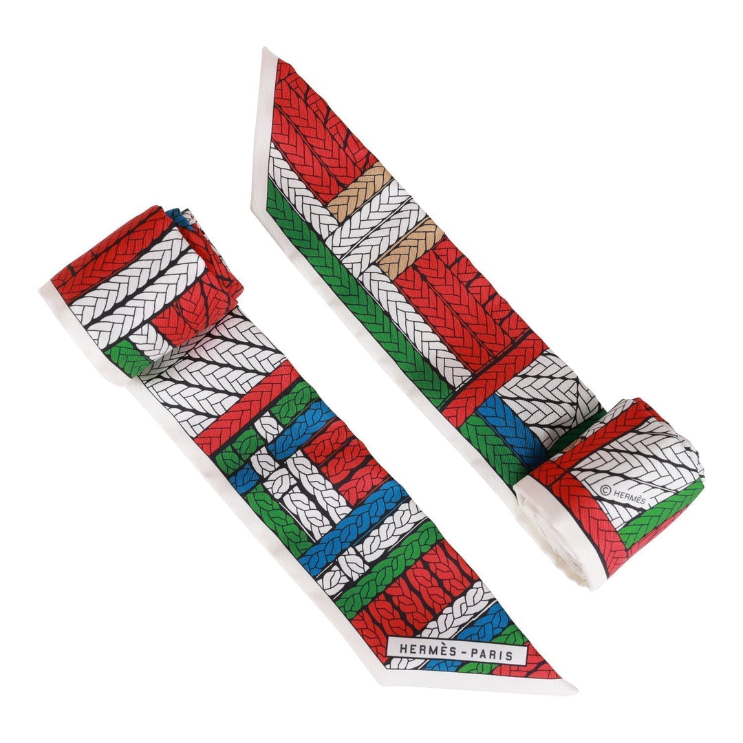 Top quality Hermes "Tresses H" Rouge Silk Twilly Pair