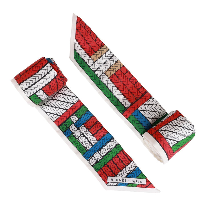 Top quality Hermes "Tresses H" Rouge Silk Twilly Pair