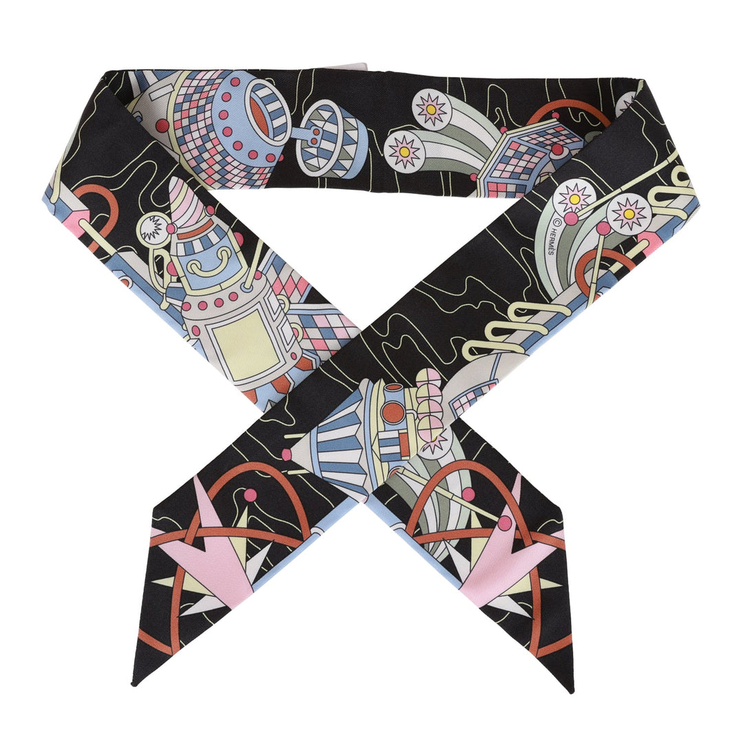 Top quality Hermes "Odyssey" Black Silk Twilly
