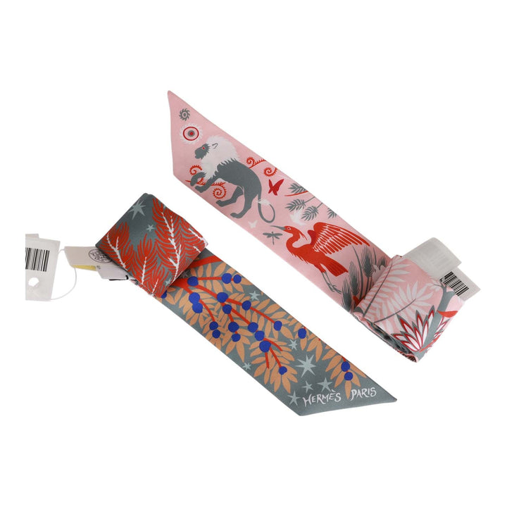 Top quality Hermes "Sous Le Charme D'Orphee" Gris Acier Silk Twilly Pair
