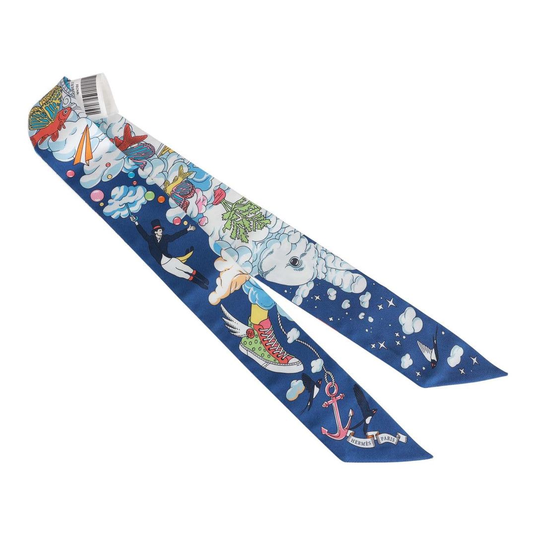 Top quality Hermes "Sur Mon Nuage" Marine Clair Silk Twilly Pair