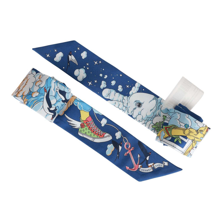 Top quality Hermes "Sur Mon Nuage" Marine Clair Silk Twilly Pair