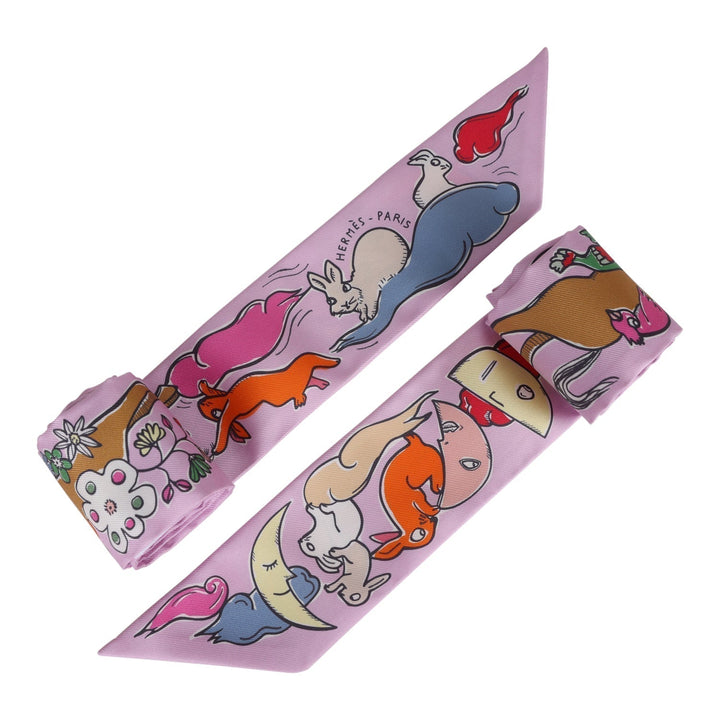 Top quality Hermes "Mille et Un Lapins" Parme Silk Twilly Pair