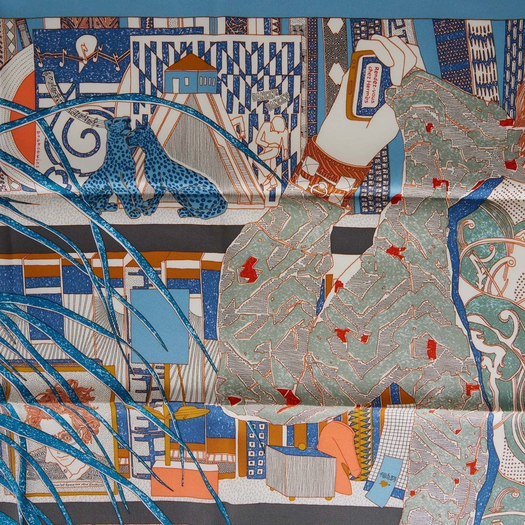 Top quality Hermes "Rendez-Vous Chez" Blue Silk Twill Scarf 70cm