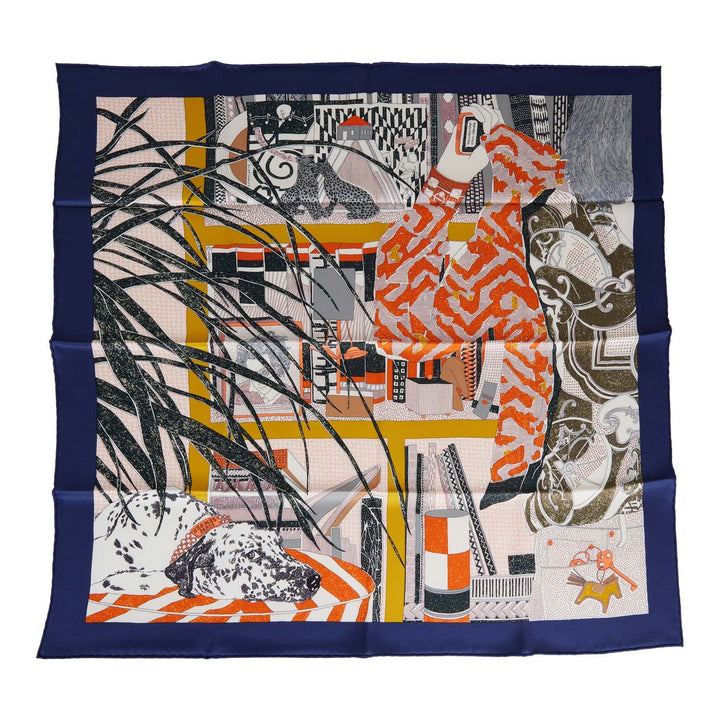 Top quality Hermes "Rendez-Vous Chez" Blue Marine Silk Twill Scarf 70cm
