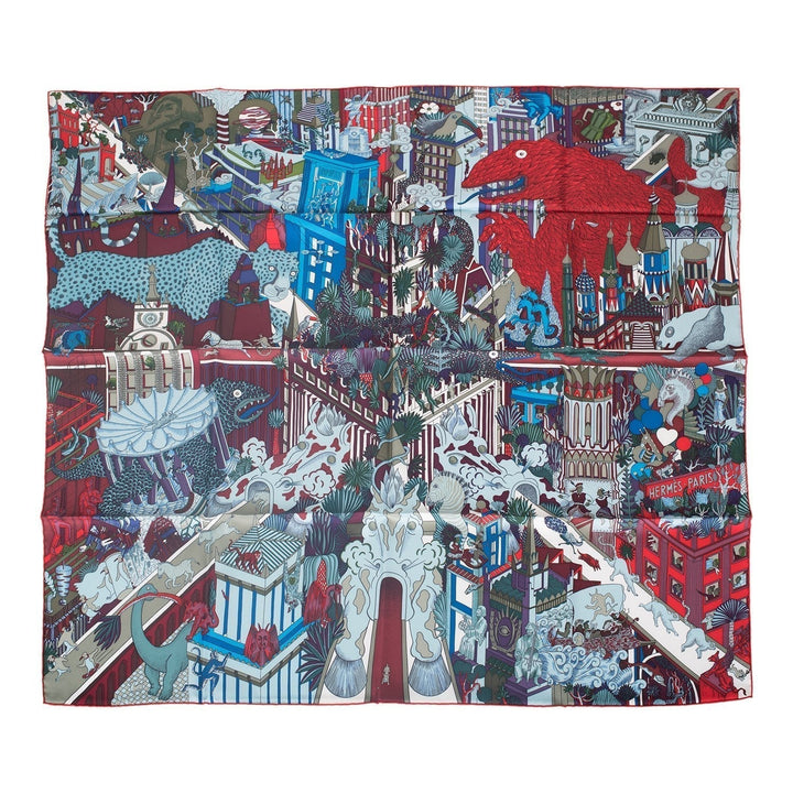 Top quality Hermes "Animapolis" Bordeaux Silk Twill Scarf 90cm
