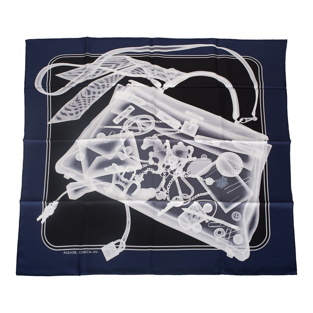 Top quality Hermes "Please, Check In" Marine Silk Twill Scarf 90cm