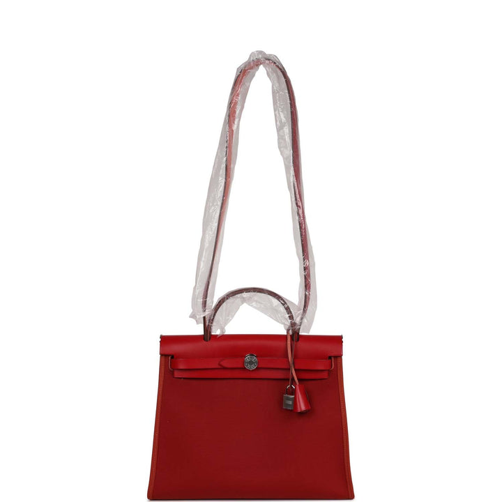 Hermes Herbag Zip 31 Rouge Venetian/Rouge Piment/Rose Extreme Toile H and Vache Hunter Palladium Hardware
