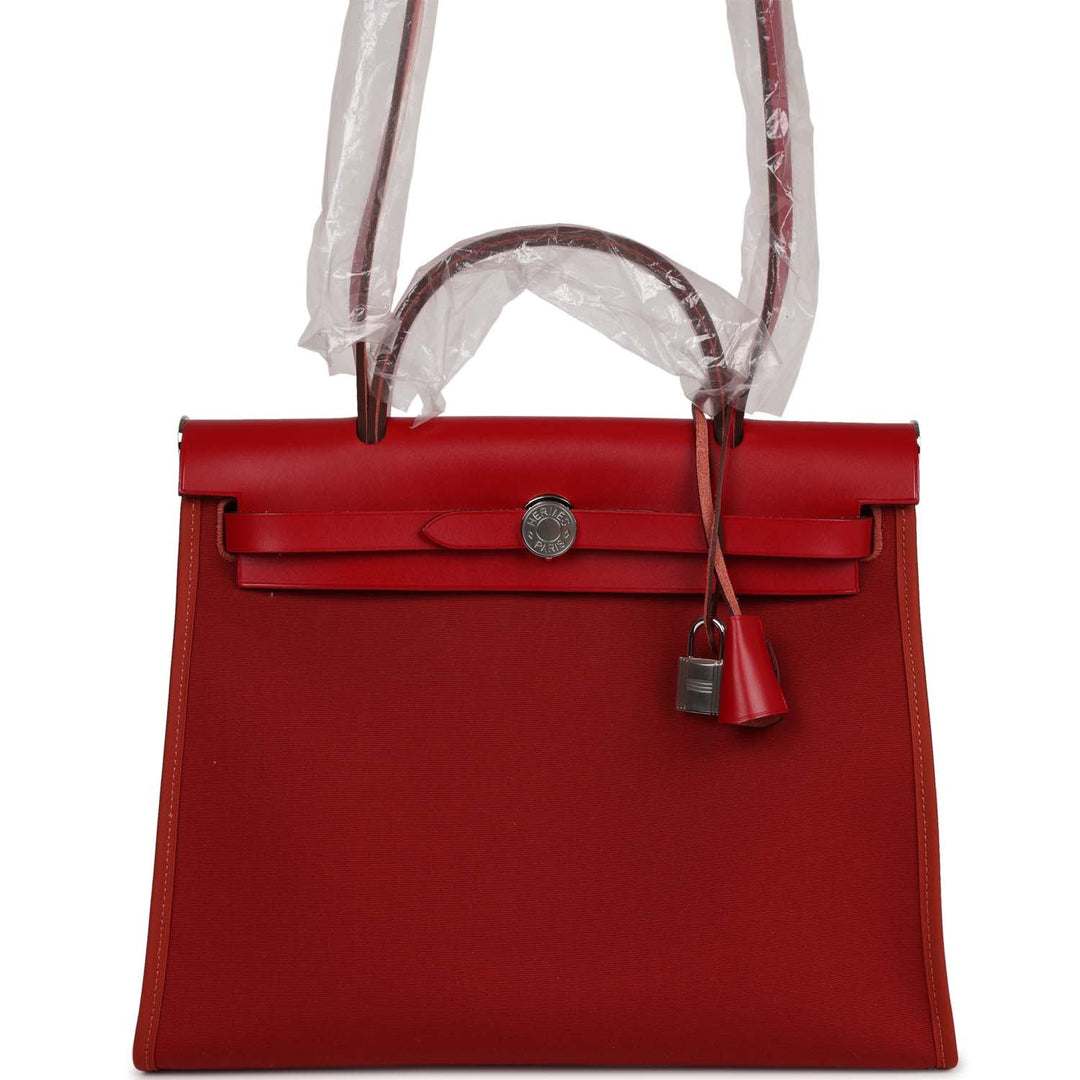 Hermes Herbag Zip 31 Rouge Venetian/Rouge Piment/Rose Extreme Toile H and Vache Hunter Palladium Hardware