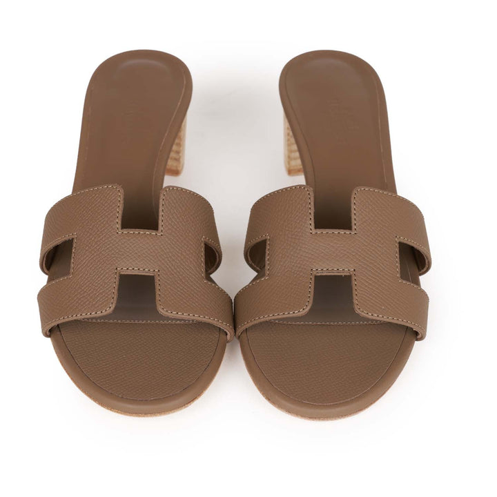 Top quality Hermes Oasis Sandals Etoupe Epsom Block Heels 35