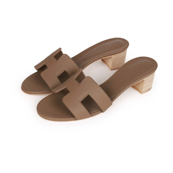 Top quality Hermes Oasis Sandals Etoupe Epsom Block Heels 35