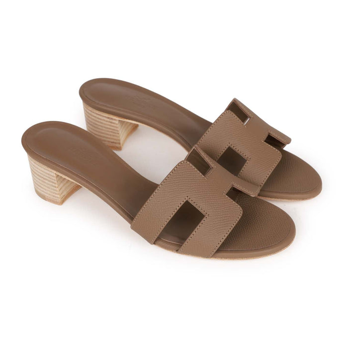 Top quality Hermes Oasis Sandals Etoupe Epsom Block Heels 35