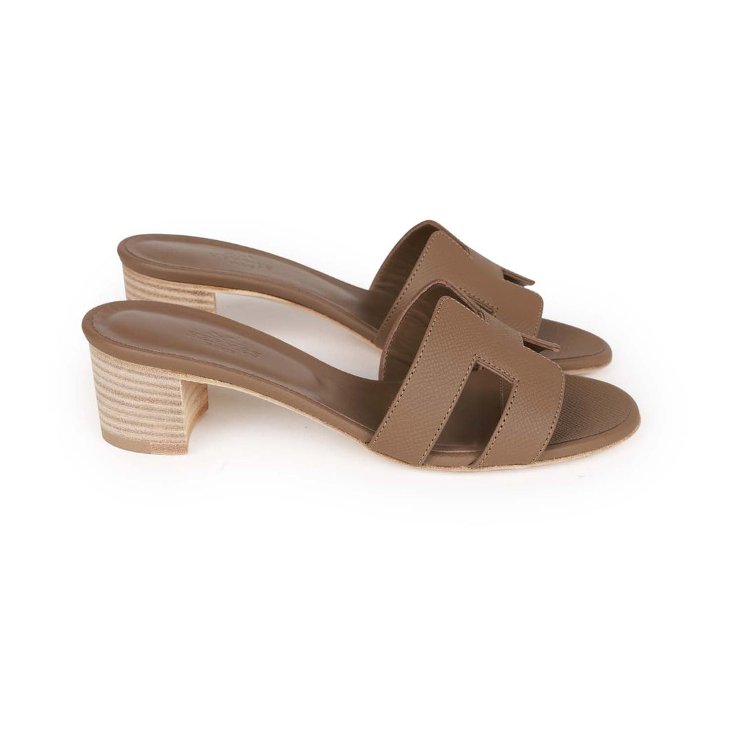Top quality Hermes Oasis Sandals Etoupe Epsom Block Heels 35