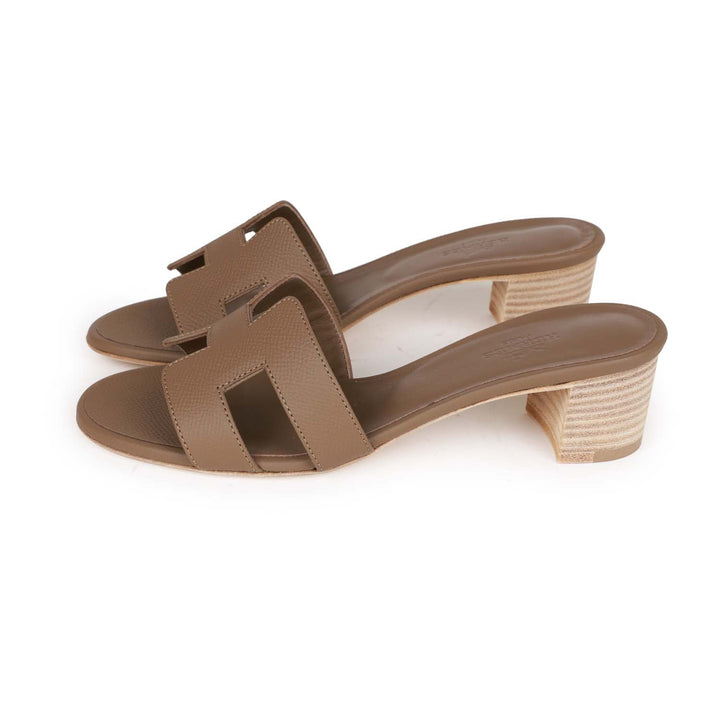 Top quality Hermes Oasis Sandals Etoupe Epsom Block Heels 35