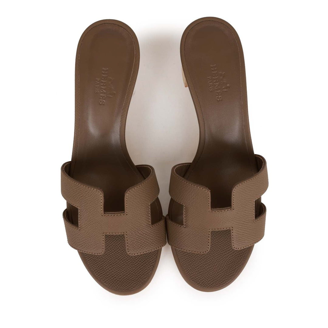 Top quality Hermes Oasis Sandals Etoupe Epsom Block Heels 35