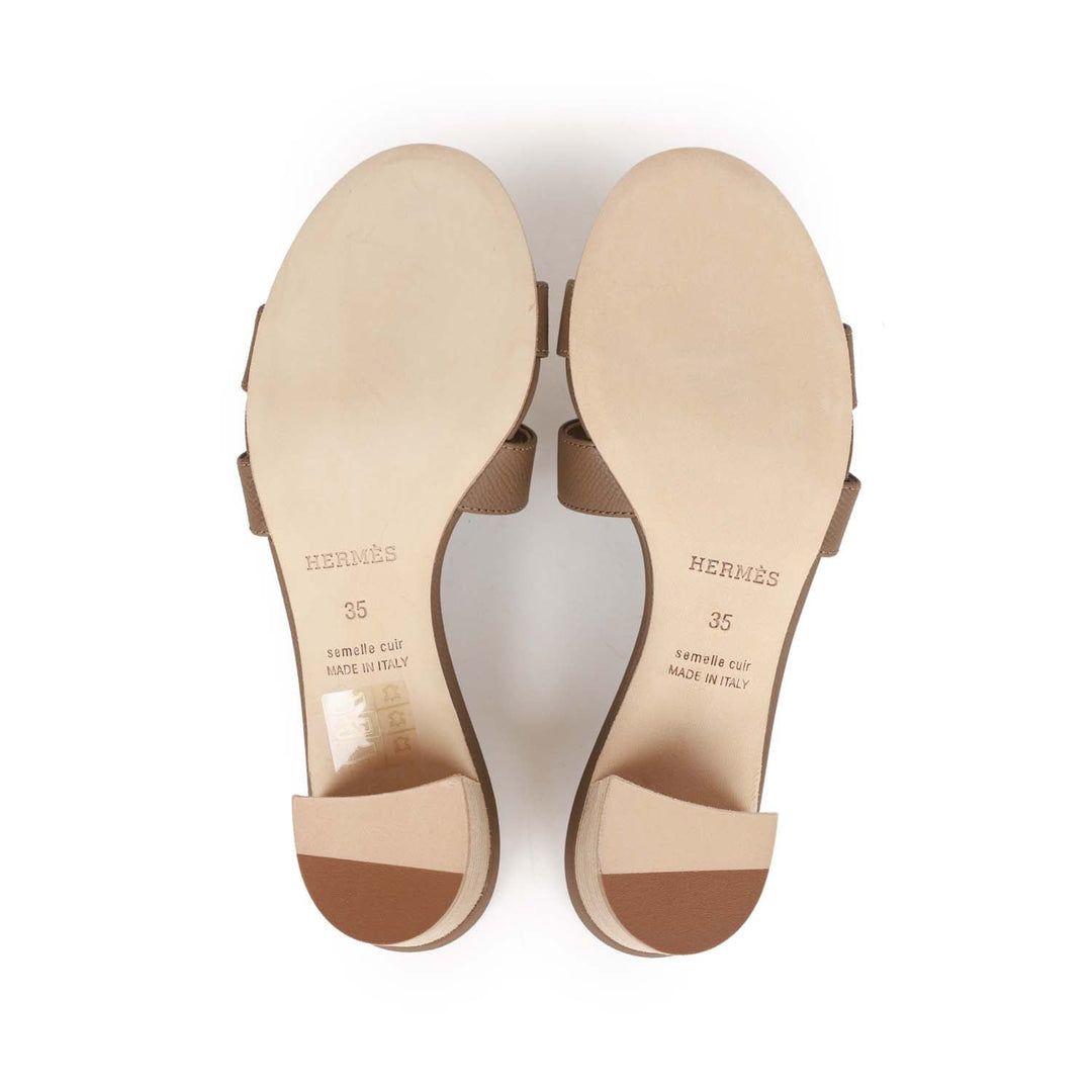 Top quality Hermes Oasis Sandals Etoupe Epsom Block Heels 35