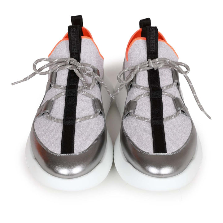 Top quality Hermes Duel Sneakers Silver, Black, and Orange Calfskin and Rubber 40