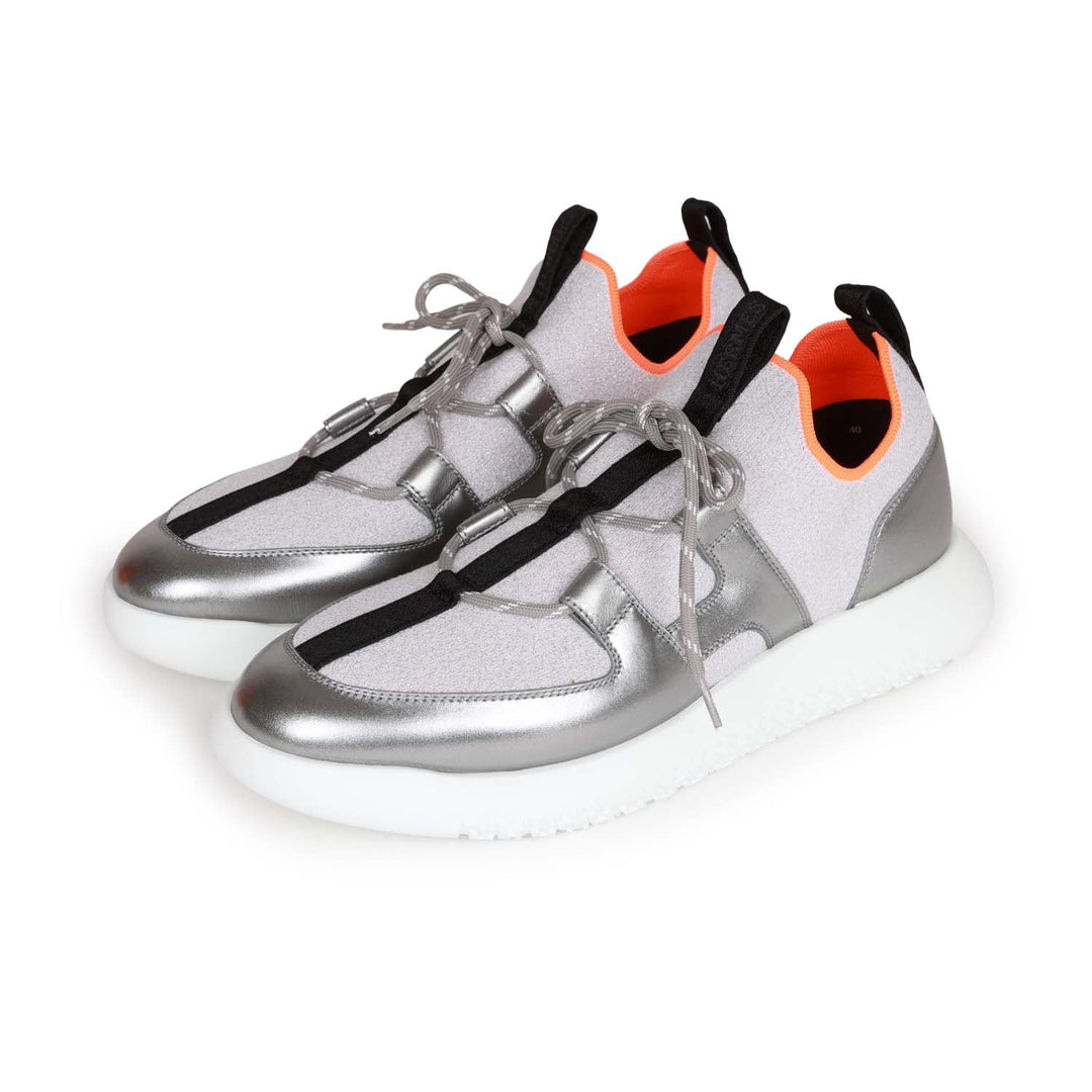 Top quality Hermes Duel Sneakers Silver, Black, and Orange Calfskin and Rubber 40