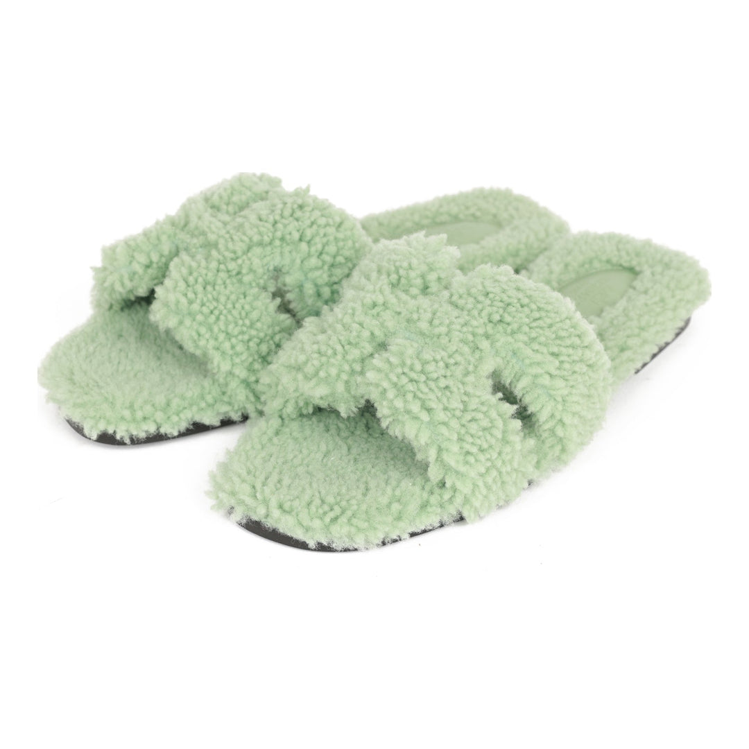 Top quality Hermes Oran Sandals Vert D'eau Woolskin 37.5
