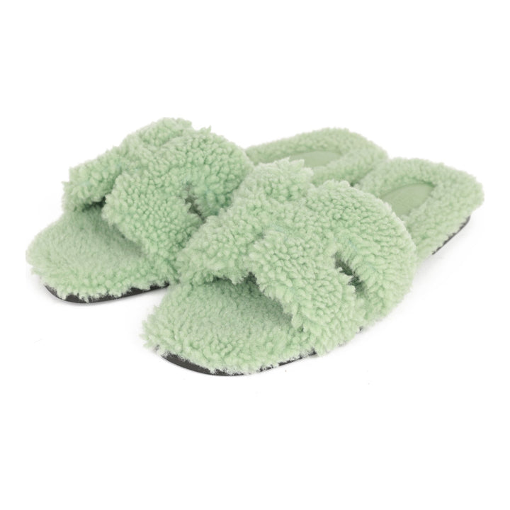 Top quality Hermes Oran Sandals Vert D'eau Woolskin 37.5