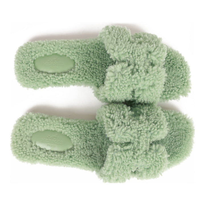 Top quality Hermes Oran Sandals Vert D'eau Woolskin 37.5