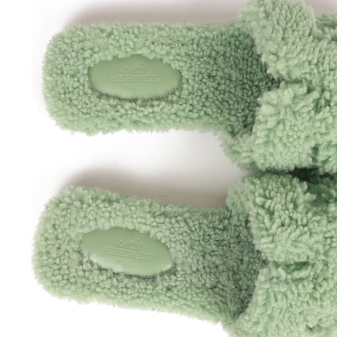 Top quality Hermes Oran Sandals Vert D'eau Woolskin 37.5