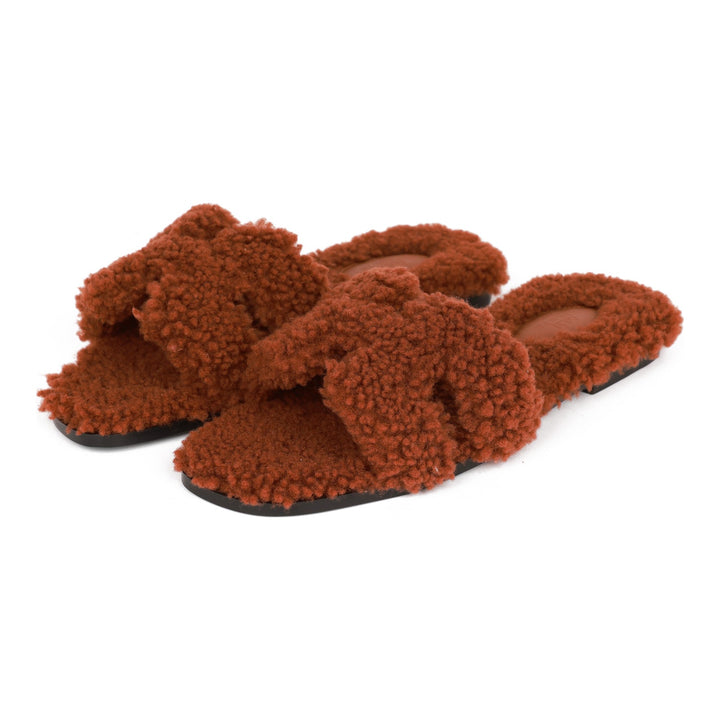 Top quality Hermes Oran Sandals Cognac Woolskin 38