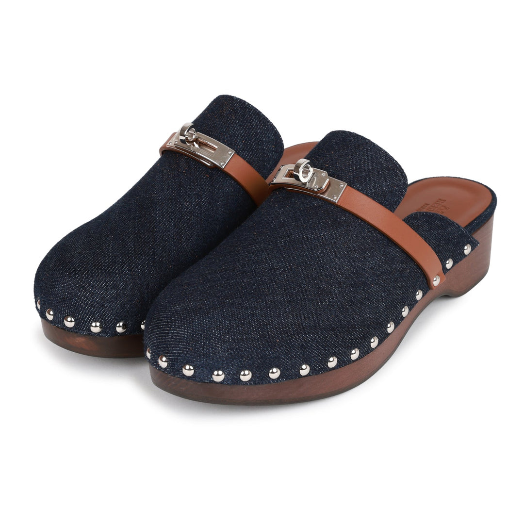 Top quality Hermes Carlotta Mule Bleu Brut Denim and Gold Calfskin