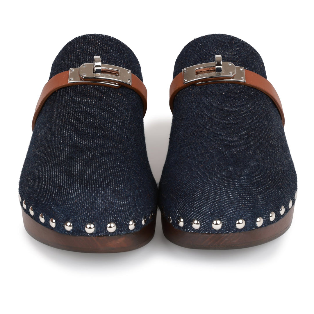 Top quality Hermes Carlotta Mule Bleu Brut Denim and Gold Calfskin