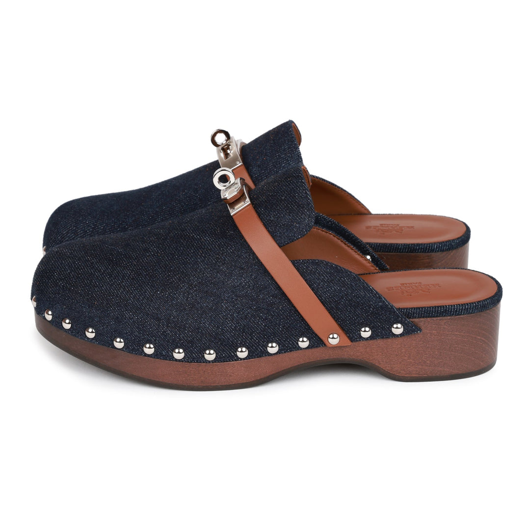 Top quality Hermes Carlotta Mule Bleu Brut Denim and Gold Calfskin