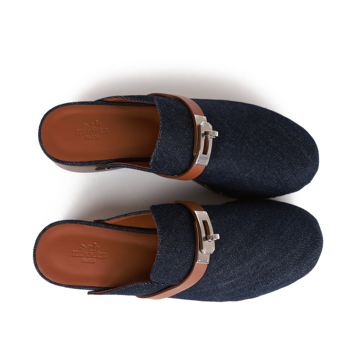 Top quality Hermes Carlotta Mule Bleu Brut Denim and Gold Calfskin