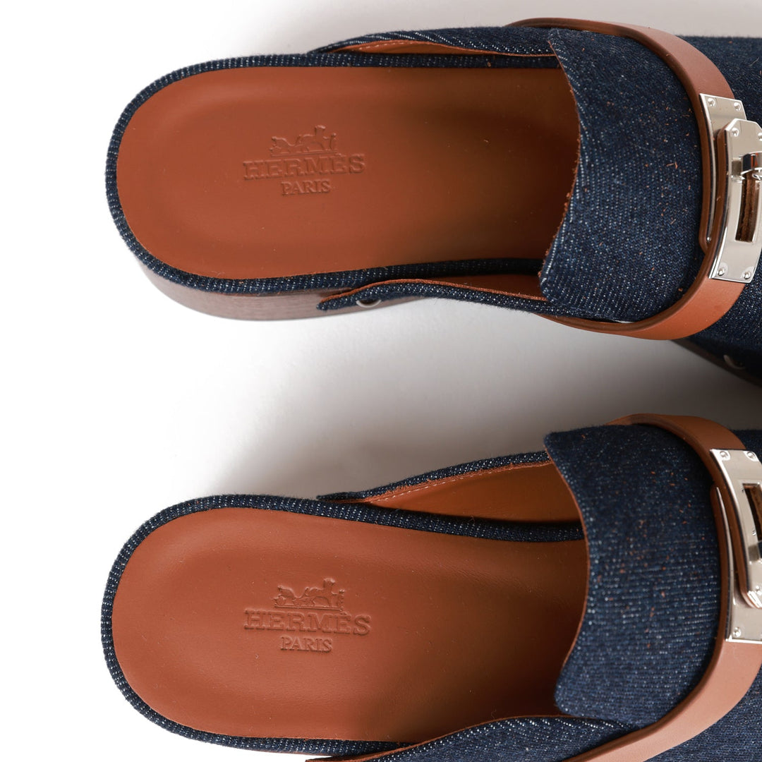 Hermes Carlotta Mule Bleu Brut Denim and Gold Calfskin