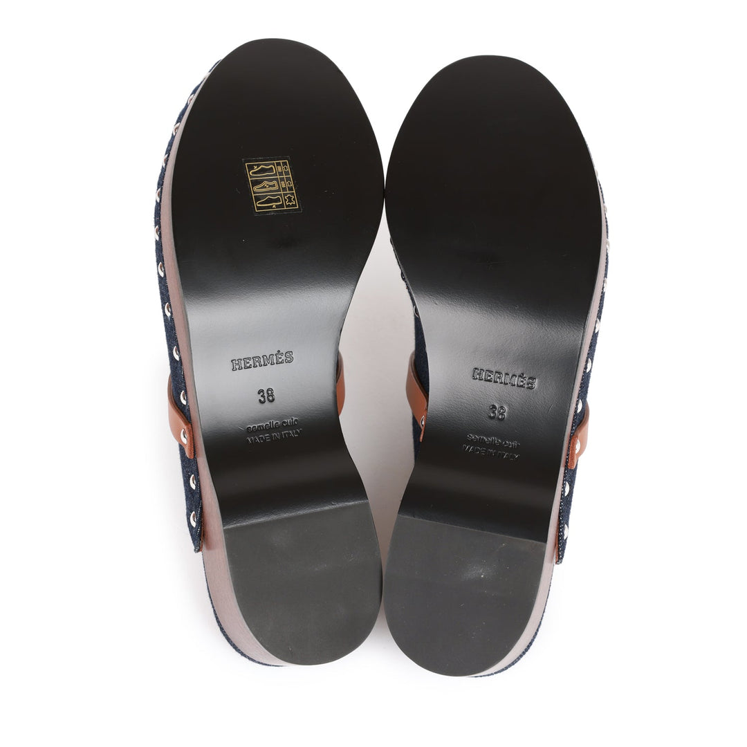 Top quality Hermes Carlotta Mule Bleu Brut Denim and Gold Calfskin