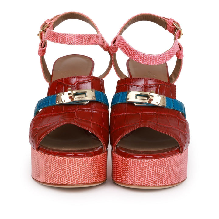 Top quality Hermes Calas High Heel Sandals Rouge H and Bleu Izmir Matte Alligator and Pink Lizard 37.5