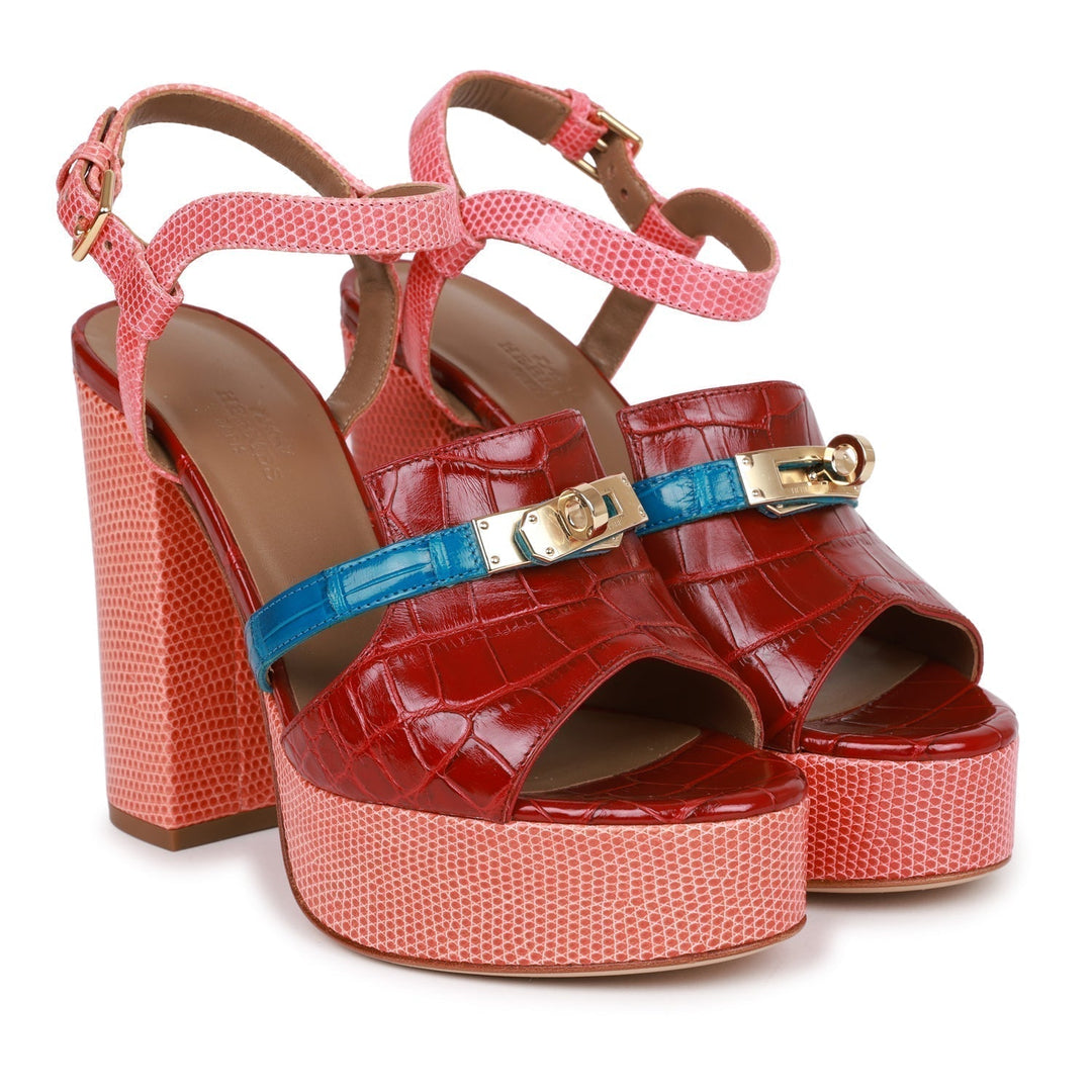Top quality Hermes Calas High Heel Sandals Rouge H and Bleu Izmir Matte Alligator and Pink Lizard 37.5
