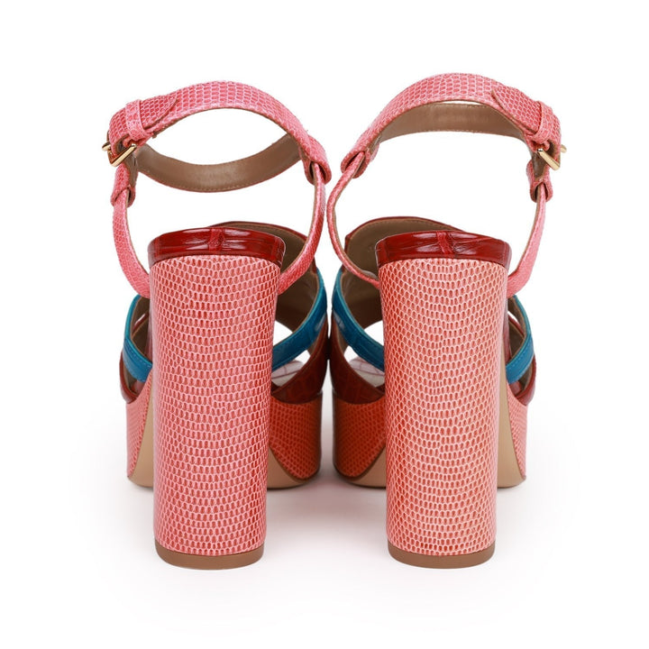 Top quality Hermes Calas High Heel Sandals Rouge H and Bleu Izmir Matte Alligator and Pink Lizard 37.5