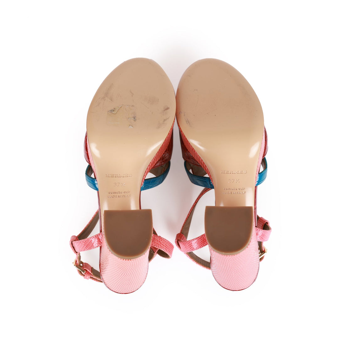 Top quality Hermes Calas High Heel Sandals Rouge H and Bleu Izmir Matte Alligator and Pink Lizard 37.5