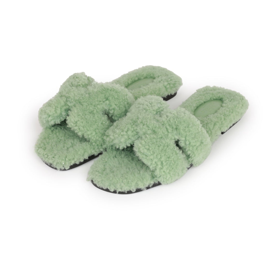 Top quality Hermes Oran Sandals Vert D'eau Woolskin 37