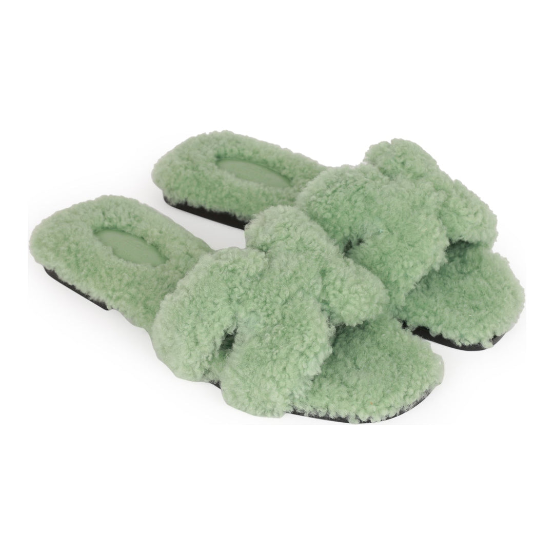 Top quality Hermes Oran Sandals Vert D'eau Woolskin 37