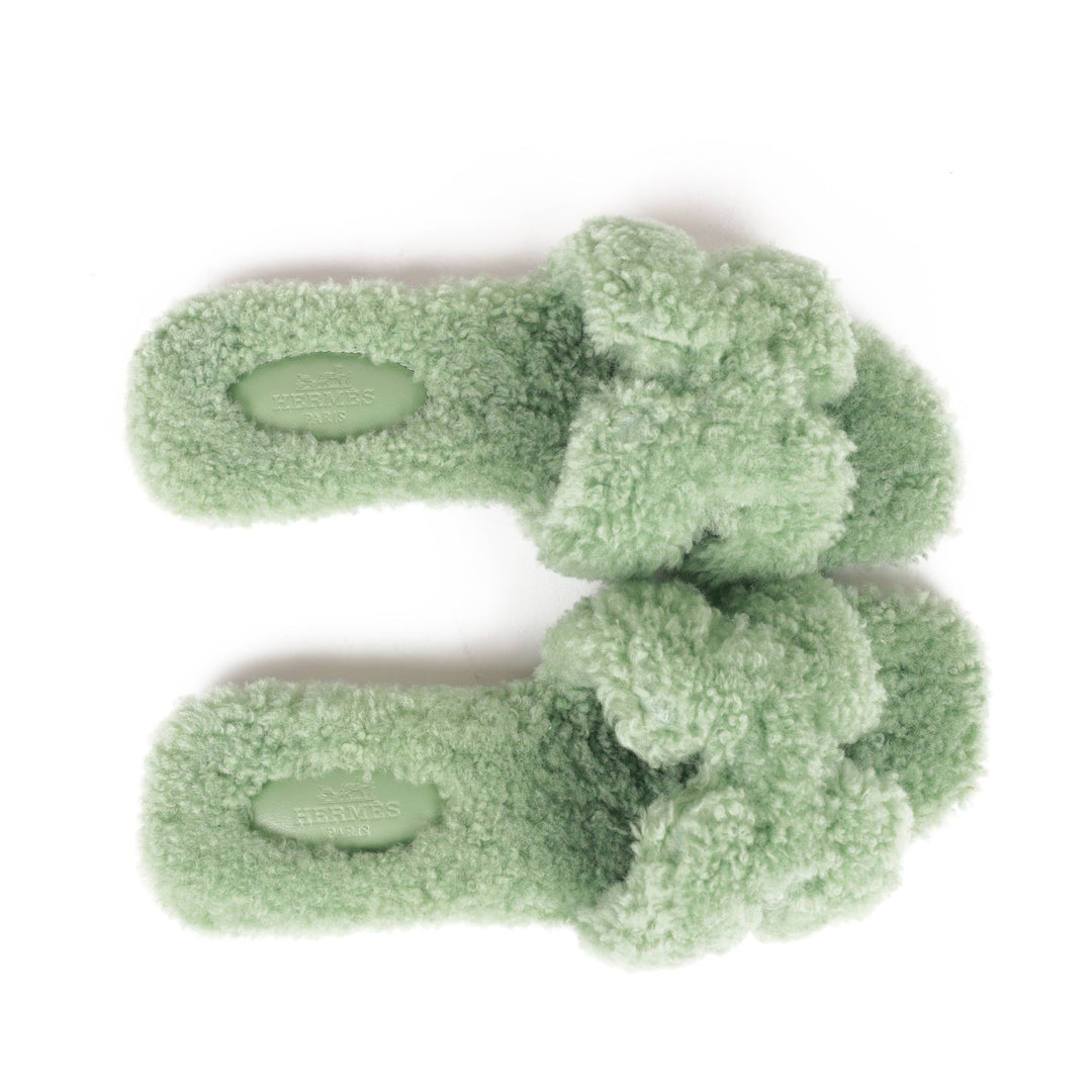 Top quality Hermes Oran Sandals Vert D'eau Woolskin 37