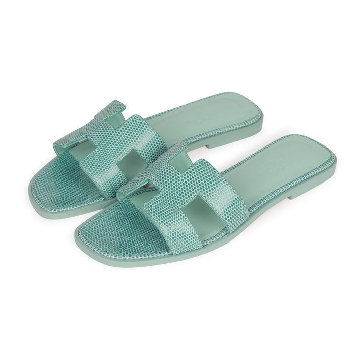 Top quality Hermes Oran Sandals Vert Embrun Lizard 37