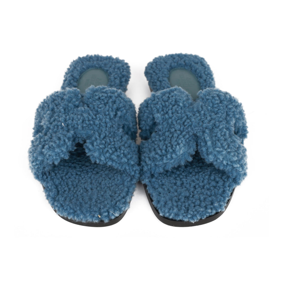 Top quality Hermes Oran Sandals Bleu Woolskin 36.5