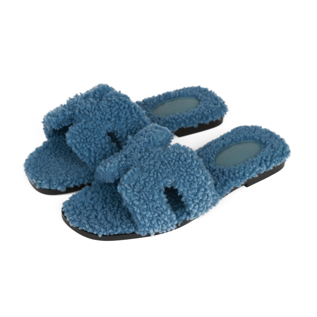 Top quality Hermes Oran Sandals Bleu Woolskin 36.5