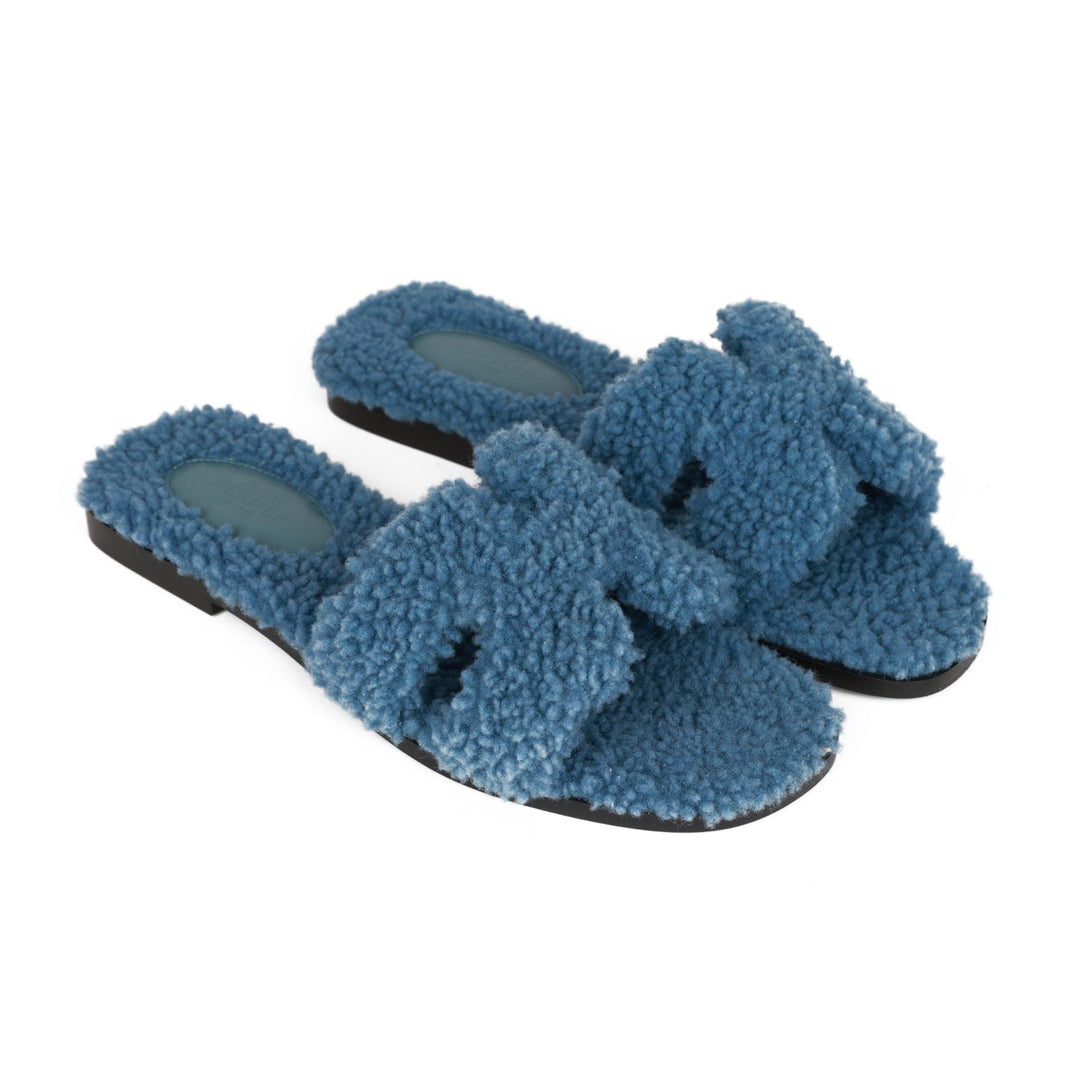 Top quality Hermes Oran Sandals Bleu Woolskin 36.5