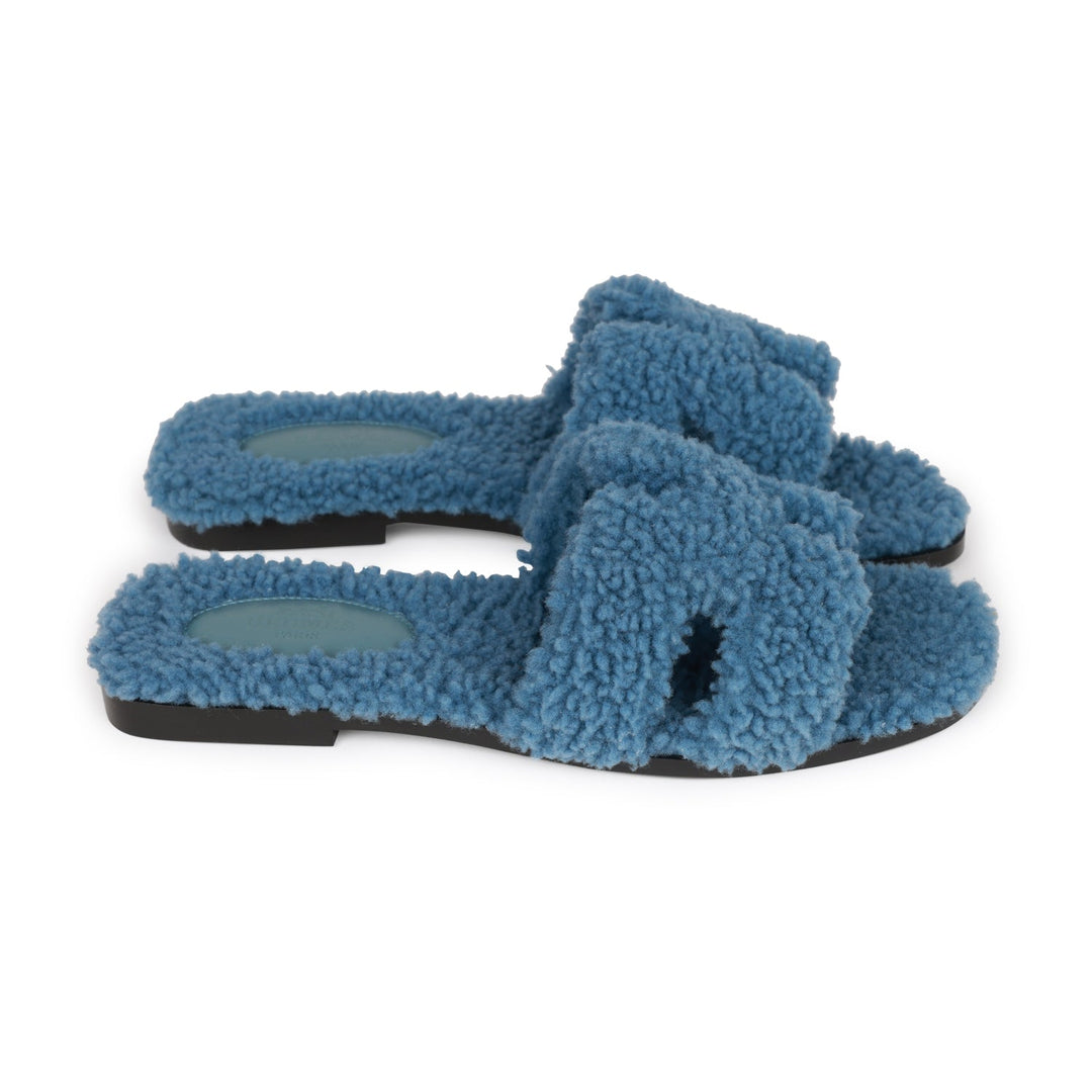 Top quality Hermes Oran Sandals Bleu Woolskin 36.5