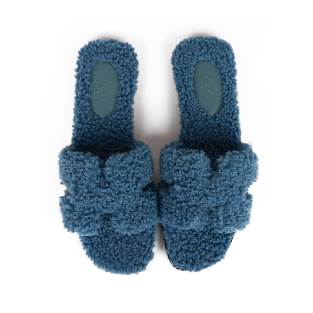 Top quality Hermes Oran Sandals Bleu Woolskin 36.5