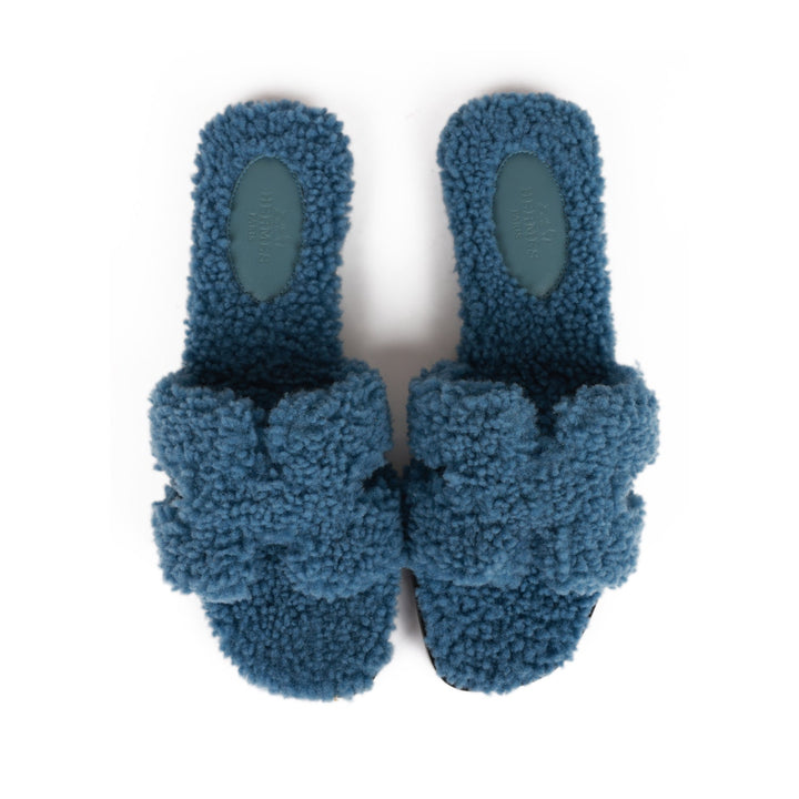 Top quality Hermes Oran Sandals Bleu Woolskin 36.5