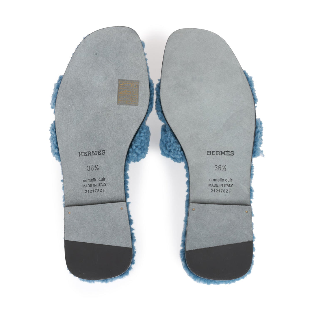Top quality Hermes Oran Sandals Bleu Woolskin 36.5